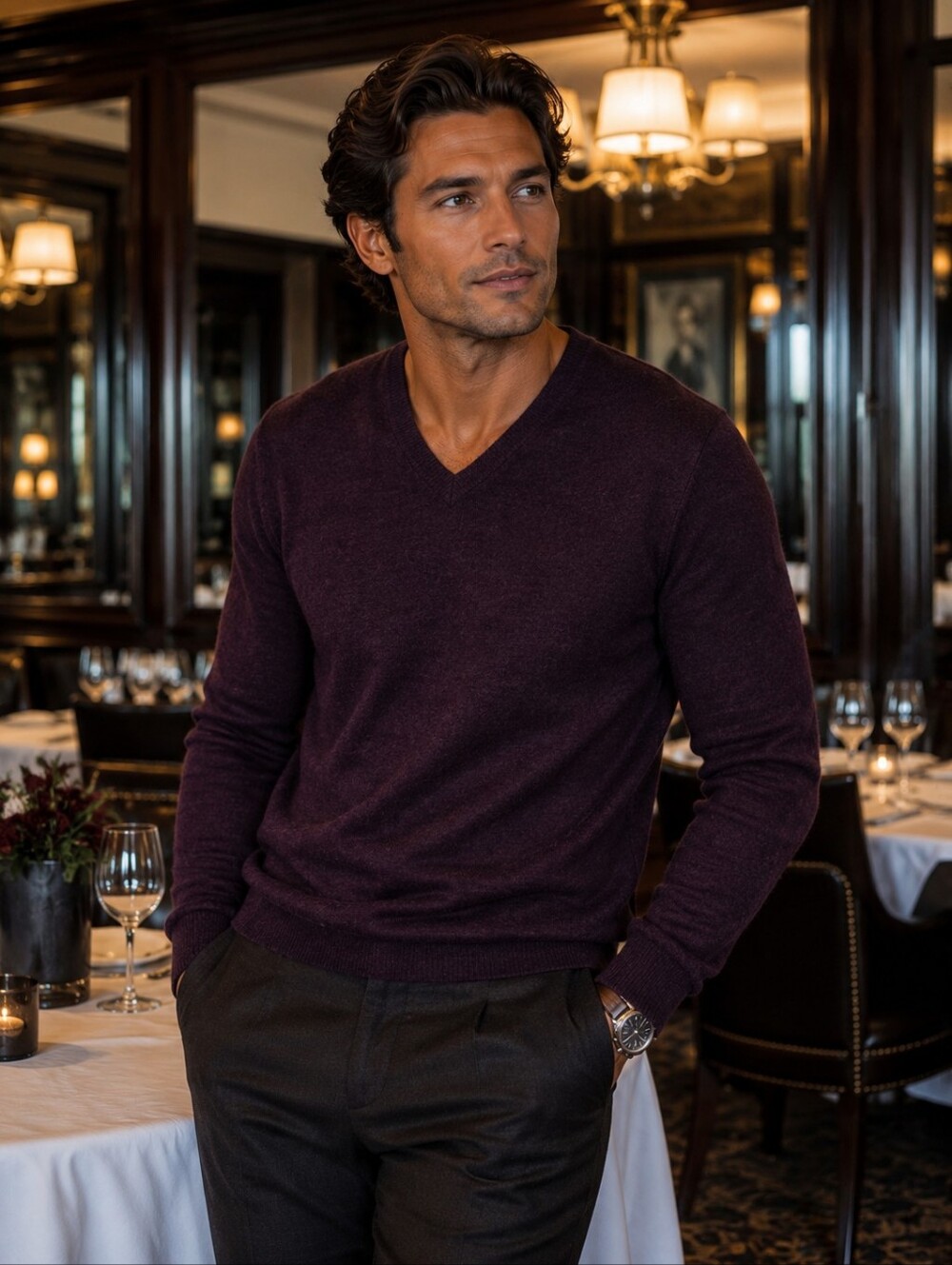 Nordstrom Men's V-Neck 100% Cashmere Sweater in Deep Plum Size XXL